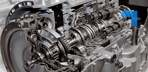Cross-sectional view of an automatic transmission system showing internal components such as gears, shafts, clutches, and hydraulic circuits.