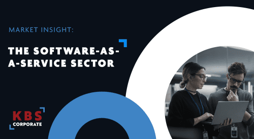 A dark-themed corporate graphic featuring large bold text and a circular photo of two professionals reviewing information on a laptop in a modern office environment. The KBS Corporate logo appears in the lower left corner.