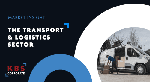 Promotional graphic titled “Market Insight: The Transport & Logistics Sector” with KBS Corporate branding, alongside an image of a delivery driver unloading boxes from a white van.