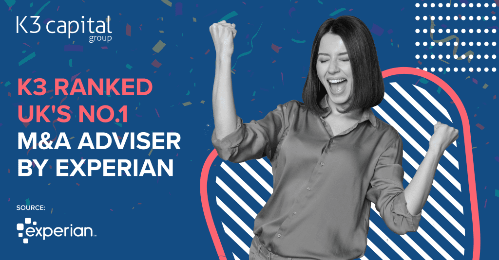 Promotional graphic announcing “K3 Ranked UK’s No.1 M&A Adviser by Experian.” The design features a blue background with confetti, the K3 Capital Group logo, and the Experian logo as the source. On the right, a black-and-white image of a woman celebrating with both fists raised appears over bold graphic shapes.