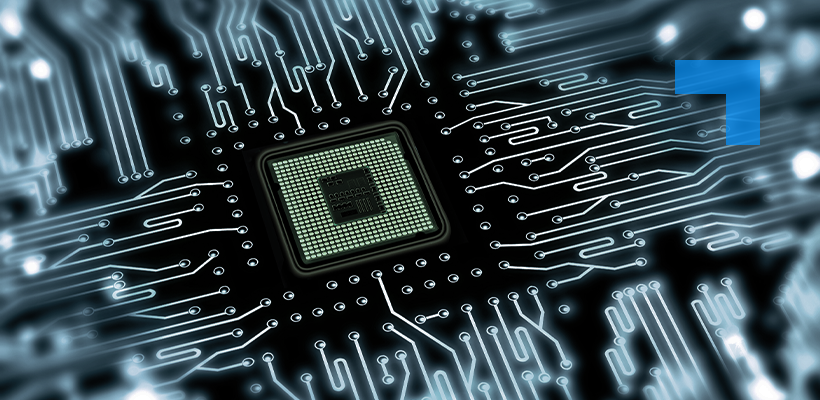 Close-up illustration of a computer microchip on a circuit board, with glowing electronic pathways radiating outward, symbolising technology and digital connectivity.