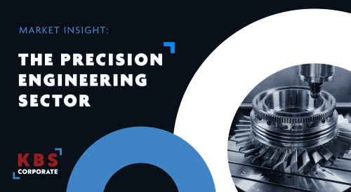 A corporate presentation slide titled “Market Insight: The Precision Engineering Sector” with KBS Corporate branding. The design features a black background with bold white text on the left and a circular photo on the right showing a CNC machine precisely milling a metal gear component. Blue graphic accents and a modern, professional layout emphasize an industrial and engineering theme.