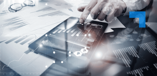 A person using a tablet displaying digital analytics dashboards and charts, overlaid with data visualisations and AI-style interface graphics representing technology, business intelligence and document management systems.
