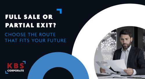 Businessman reviewing a document. With the text "Full sale or partial exit: Choose the route that fits your future.