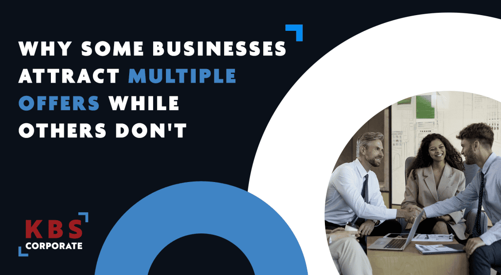 Business men around a laptop next to text that says "Why some businesses attract multiple offers while others don't"