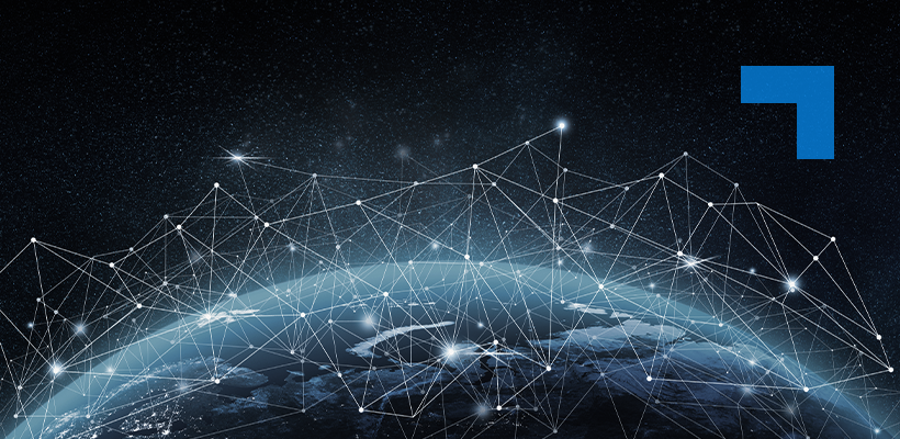 A dark space-themed banner showing Earth's curved horizon overlaid with a white geometric network of connected nodes and lines.